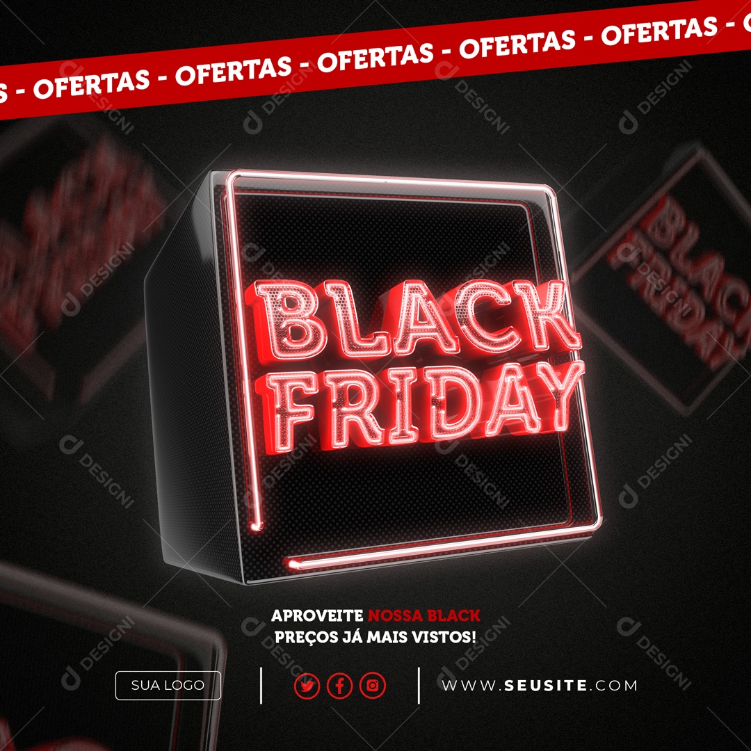 Selo 3D Black Friday Com Formas Neon Vermelho PSD