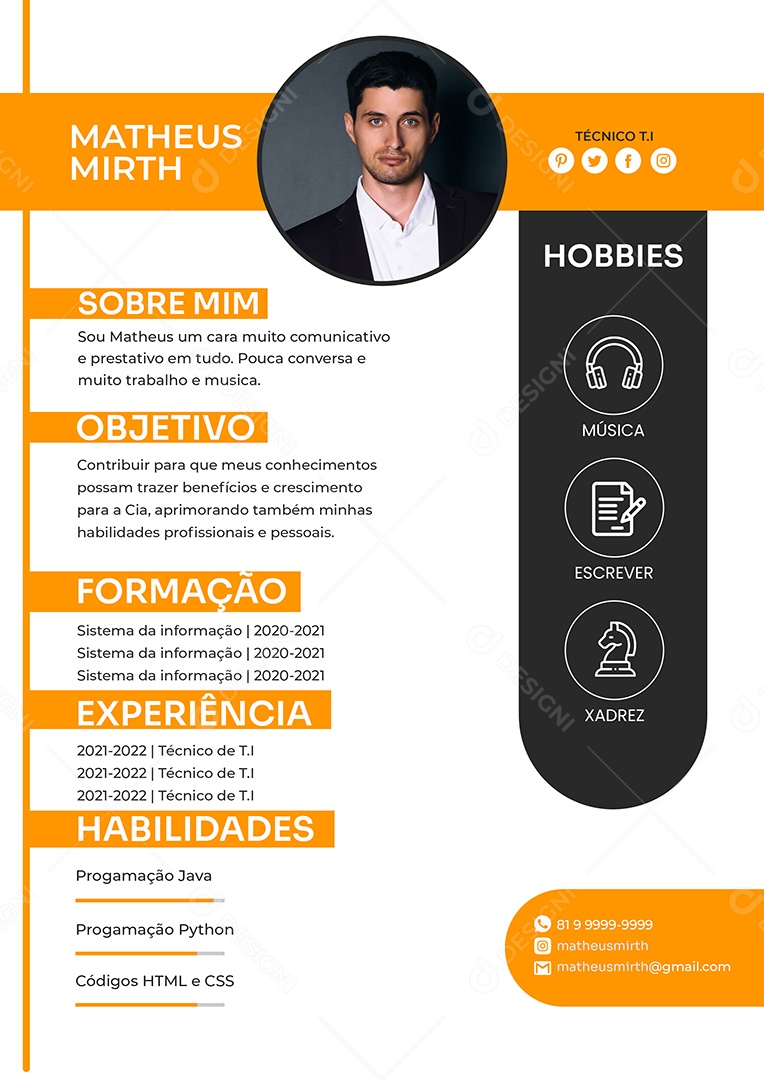 Modelo de Currículo Técnico T.I PSD Editável