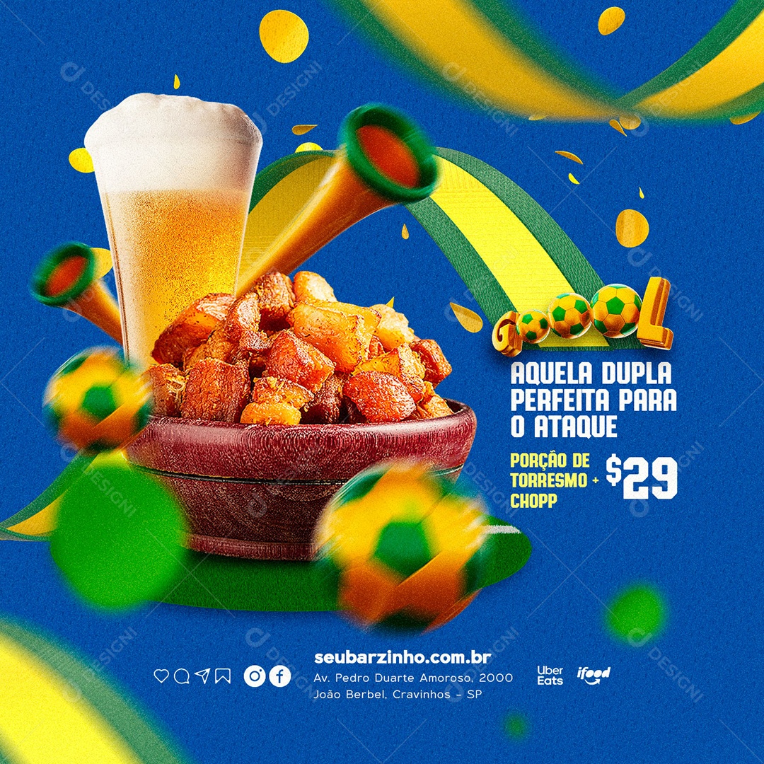 Aquela Dupla Perfeita para o Ataque Porção de Torresmo Chopp Cervejaria Social Media PSD Editável