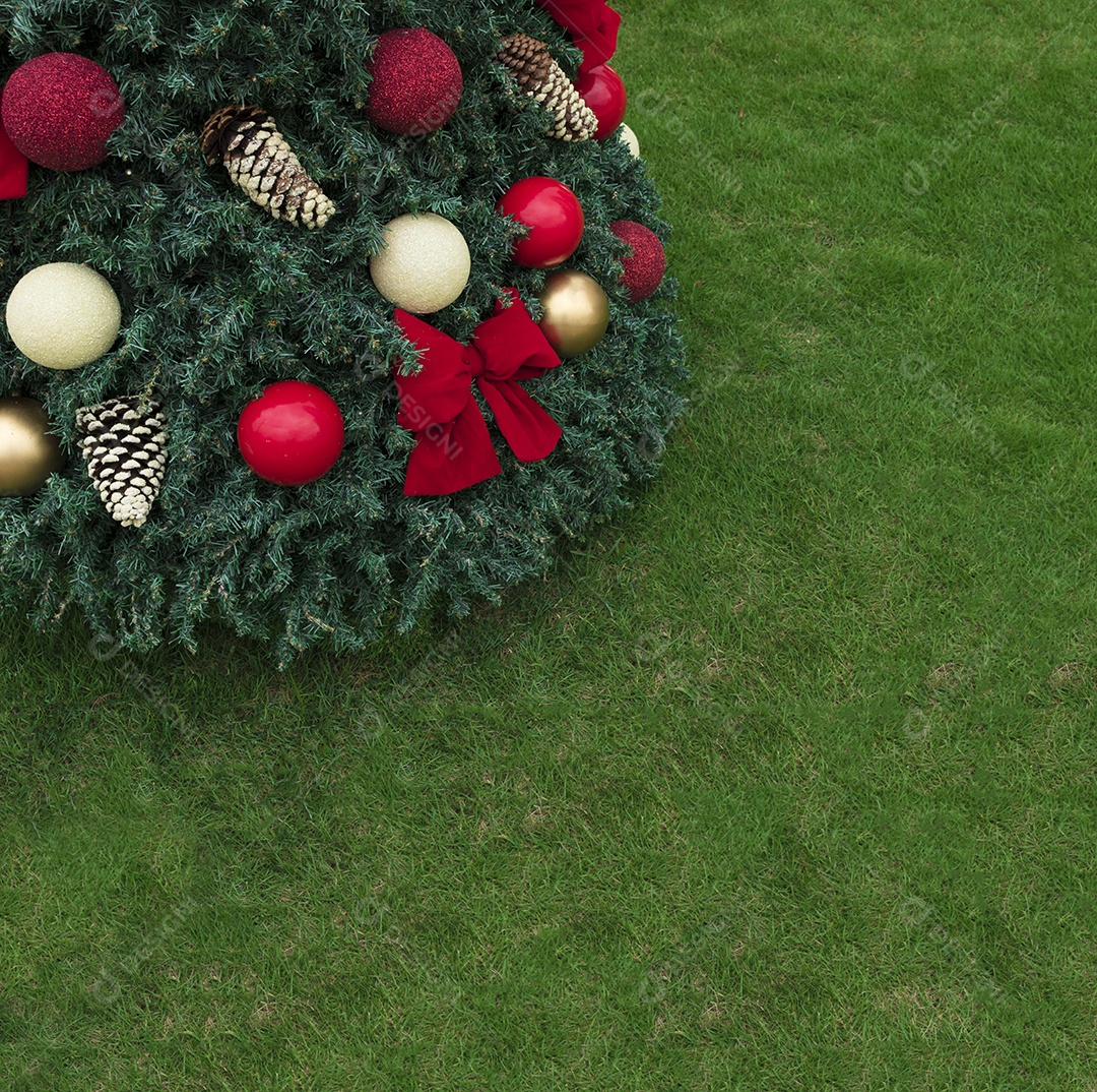 Fundo de Natal com árvore de Natal na grama. Espaço para texto.