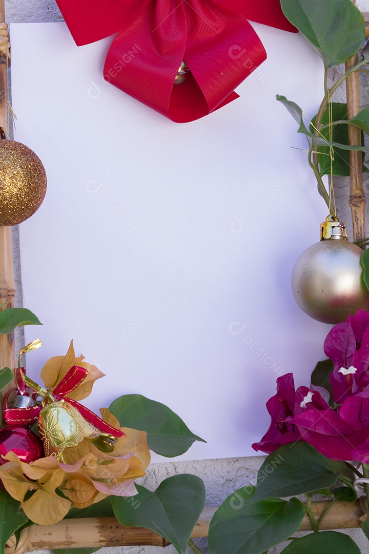 Christmas background with blank white card for invitations