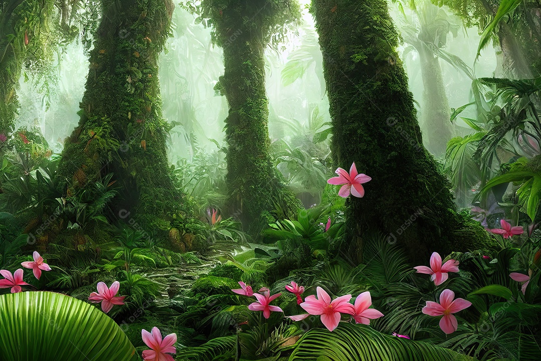 Uma bela floresta encantada de conto de fadas com grandes árvores e grande vegetação. Fundo de pintura digital.