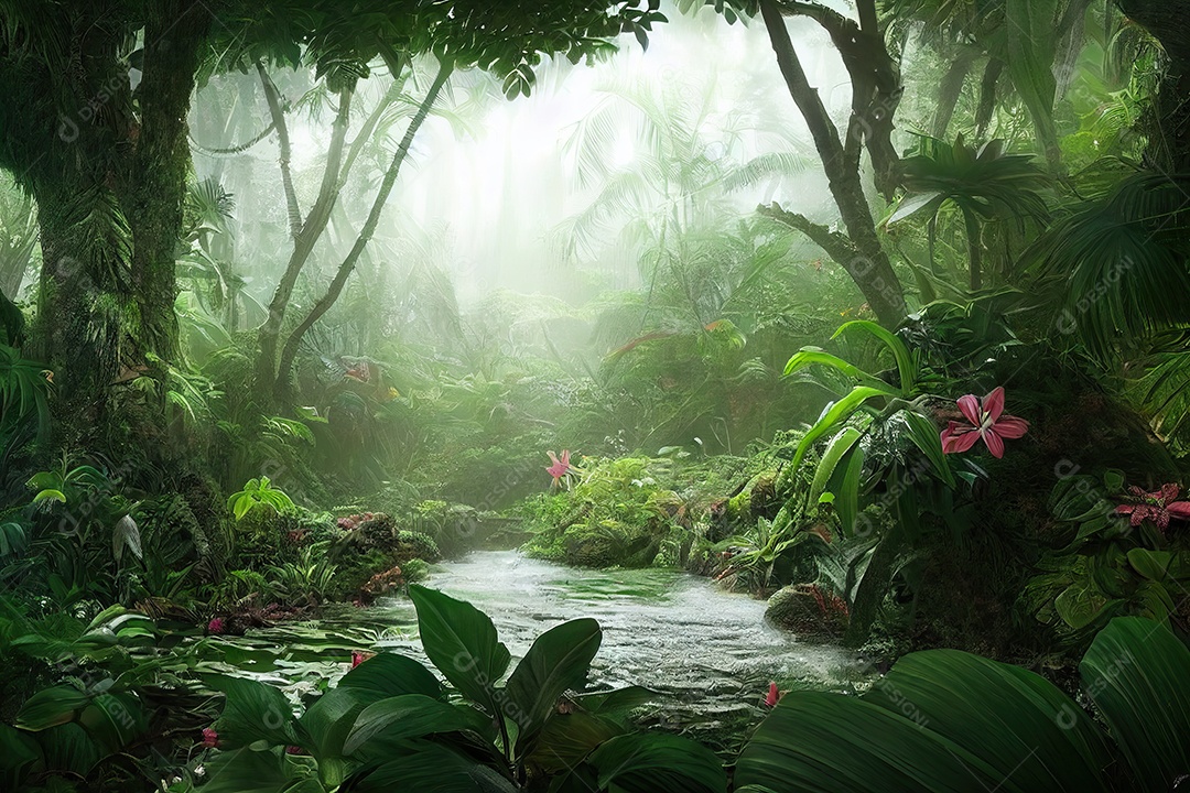 Uma bela floresta encantada de conto de fadas com grandes árvores e grande vegetação. Fundo de pintura digital.