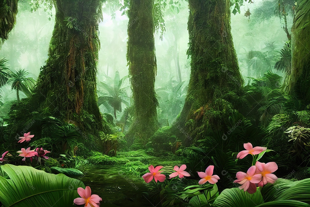 Uma bela floresta encantada de conto de fadas com grandes árvores e grande vegetação. Fundo de pintura digital.