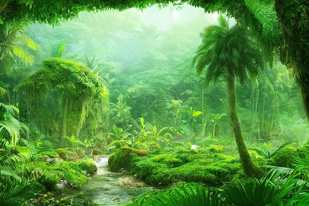 Uma bela floresta encantada de conto de fadas com grandes árvores e grande vegetação. Fundo de pintura digital.