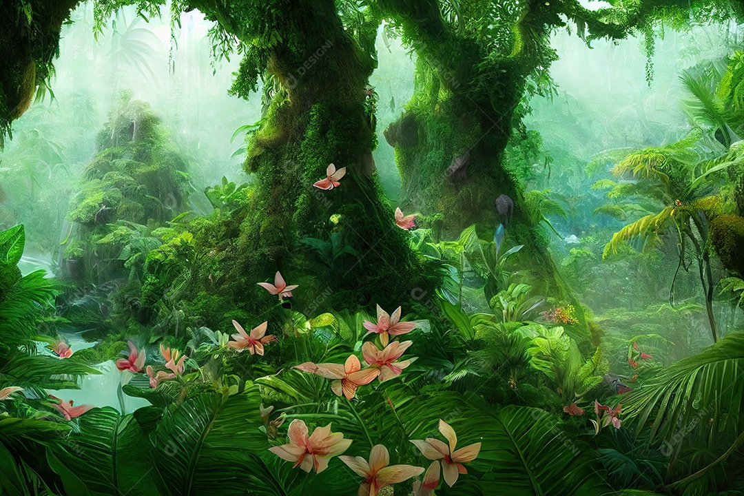 Uma bela floresta encantada de conto de fadas com grandes árvores e grande vegetação. Fundo de pintura digital.