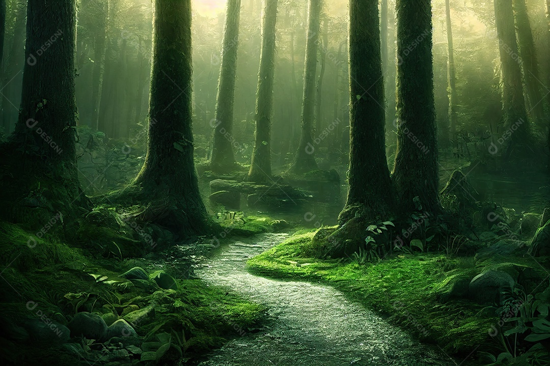 Uma bela floresta encantada de conto de fadas com grandes árvores e grande vegetação. Fundo de pintura digital.