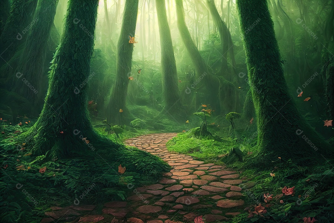 Uma bela floresta encantada de conto de fadas com grandes árvores e grande vegetação. Fundo de pintura digital.