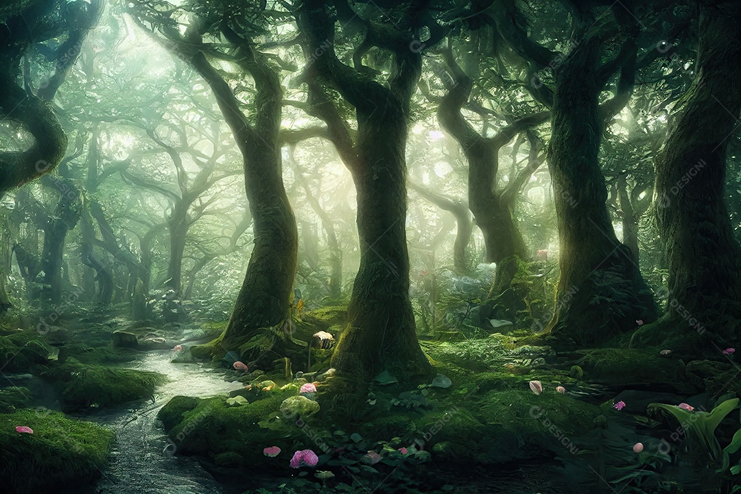 Uma bela floresta encantada de conto de fadas com grandes árvores e grande vegetação. Fundo de pintura digital.