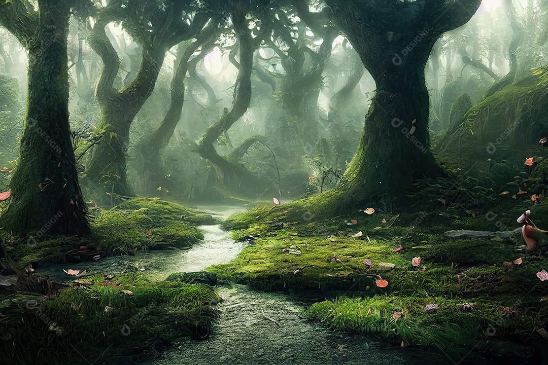 Uma bela floresta encantada de conto de fadas com grandes árvores e grande vegetação. Fundo de pintura digital.