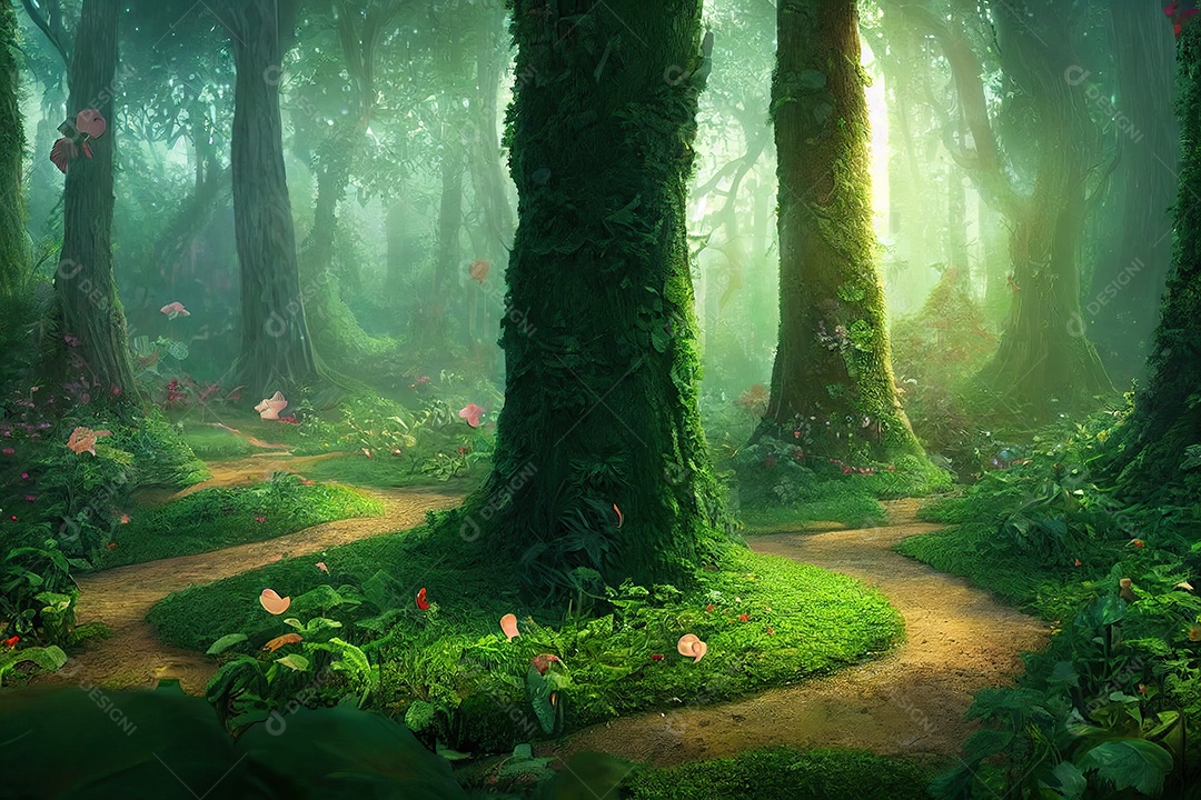 Uma bela floresta encantada de conto de fadas com grandes árvores e grande vegetação. Fundo de pintura digital.