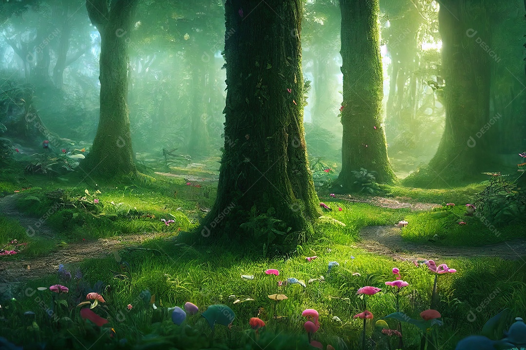 Uma bela floresta encantada de conto de fadas com grandes árvores e grande vegetação. Fundo de pintura digital.