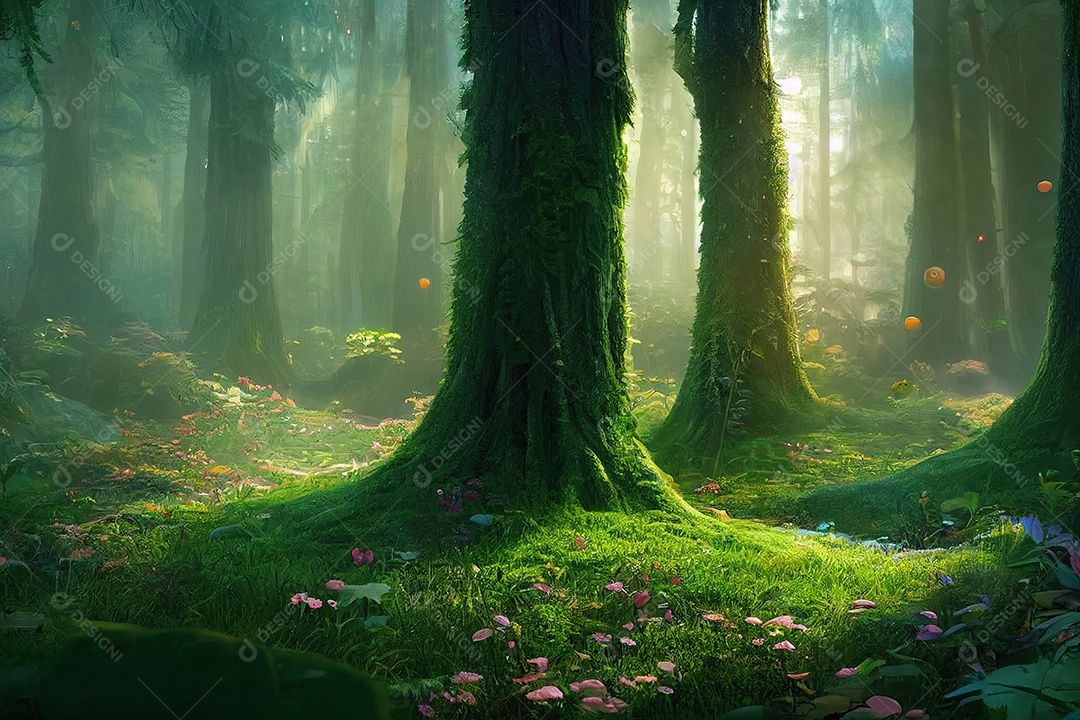 Uma bela floresta encantada de conto de fadas com grandes árvores e grande vegetação. Fundo de pintura digital.