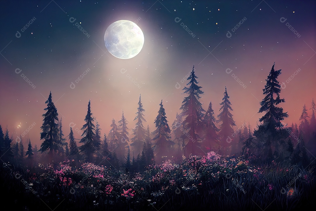 Uma bela floresta encantada de conto de fadas à noite com uma grande lua no céu iluminando as árvores e a grande vegetação.