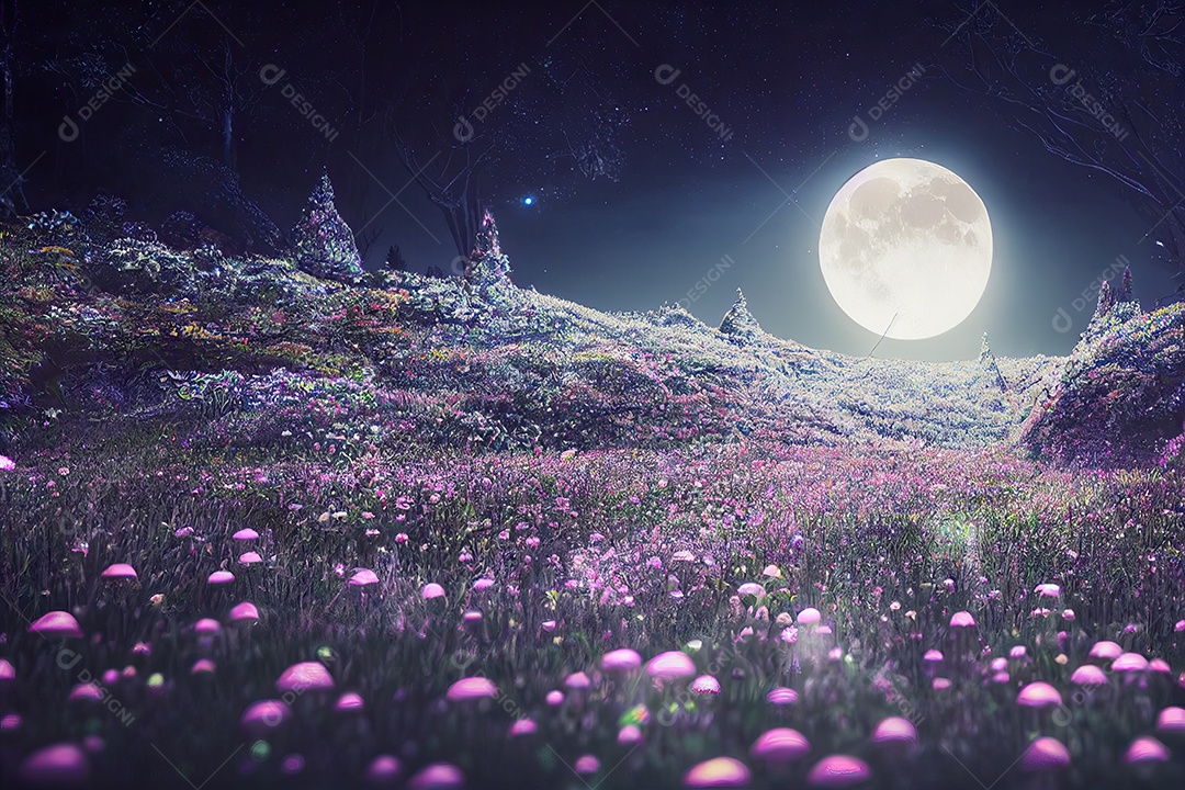 Uma bela floresta encantada de conto de fadas à noite com uma grande lua no céu iluminando as árvores e a grande vegetação.