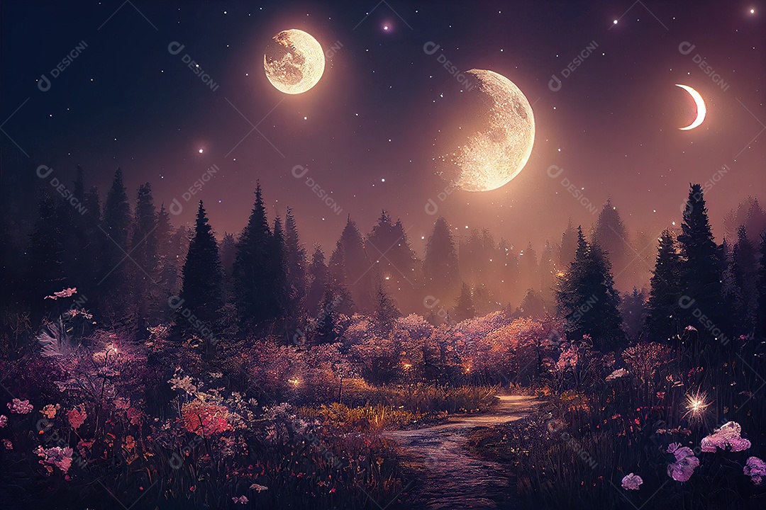 Uma bela floresta encantada de conto de fadas à noite com uma grande lua no céu iluminando as árvores e a grande vegetação.