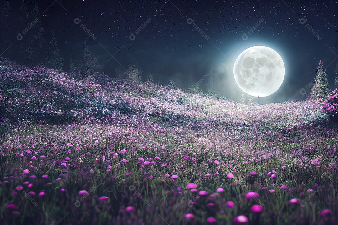 Uma bela floresta encantada de conto de fadas à noite com uma grande lua no céu iluminando as árvores e a grande vegetação.