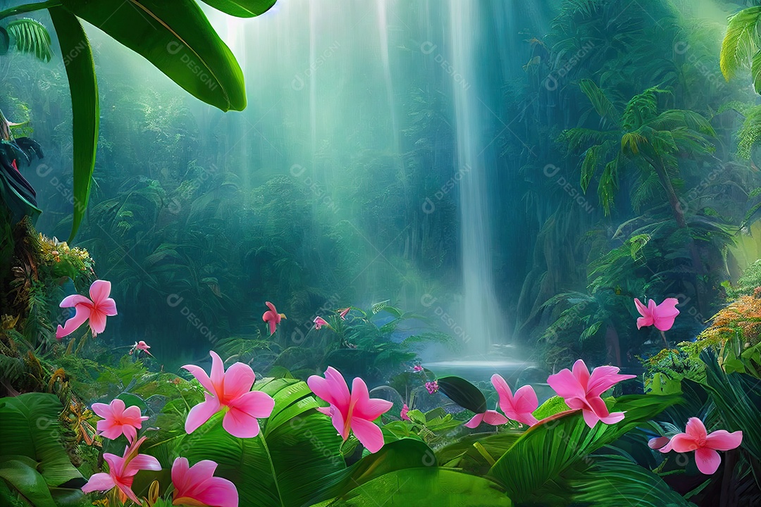 Uma bela floresta encantada de conto de fadas com grandes árvores e grande vegetação. Fundo de pintura digital.