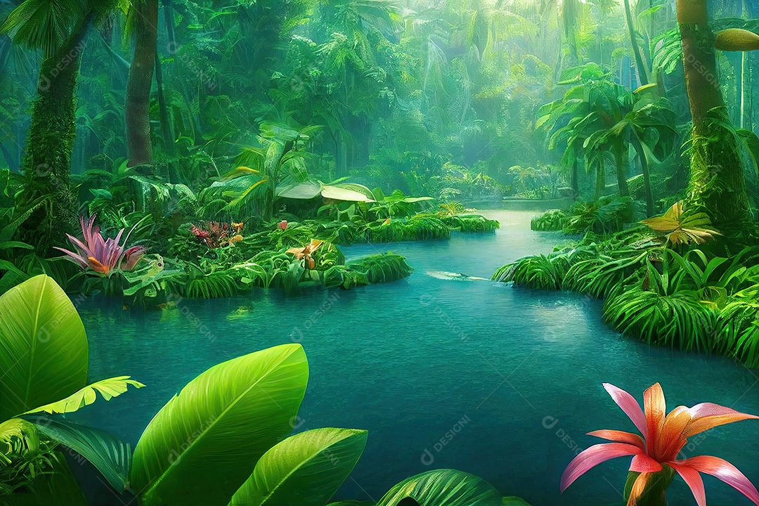 Uma bela floresta encantada de conto de fadas com grandes árvores e grande vegetação. Fundo de pintura digital.