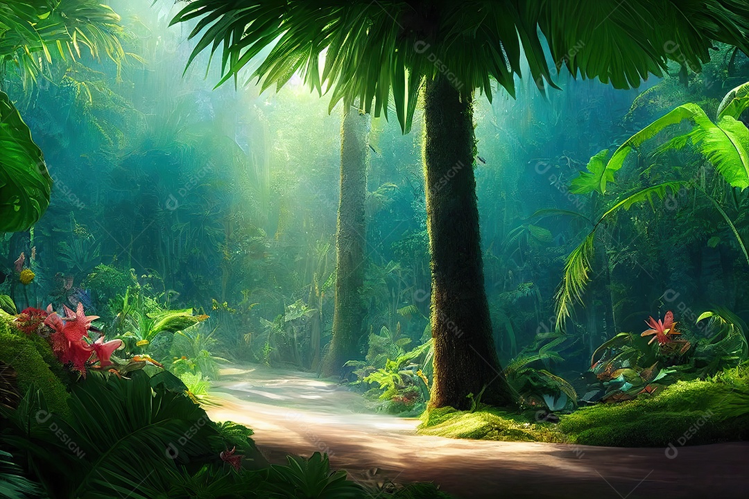 Uma bela floresta encantada de conto de fadas com grandes árvores e grande vegetação. Fundo de pintura digital.