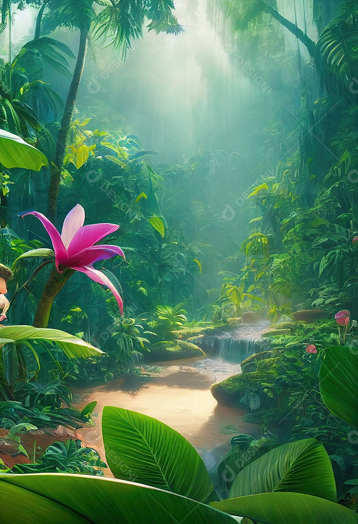 Uma bela floresta encantada de conto de fadas com grandes árvores e grande vegetação. Fundo de pintura digital.