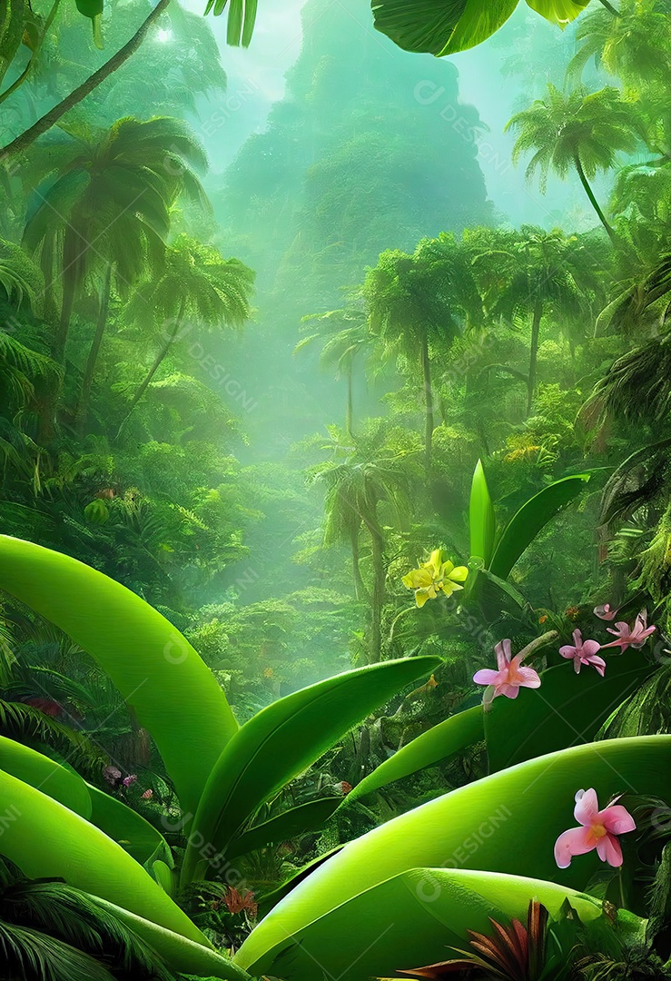 Uma bela floresta encantada de conto de fadas com grandes árvores e grande vegetação. Fundo de pintura digital.