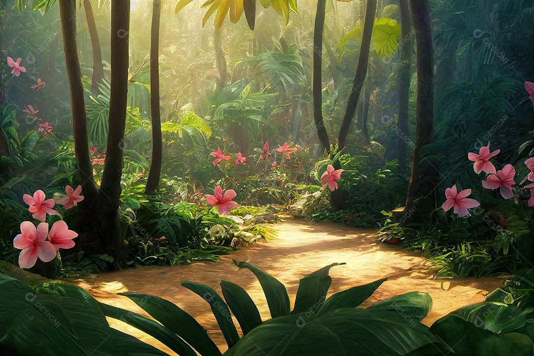 Uma bela floresta encantada de conto de fadas com grandes árvores e grande vegetação. Fundo de pintura digital.