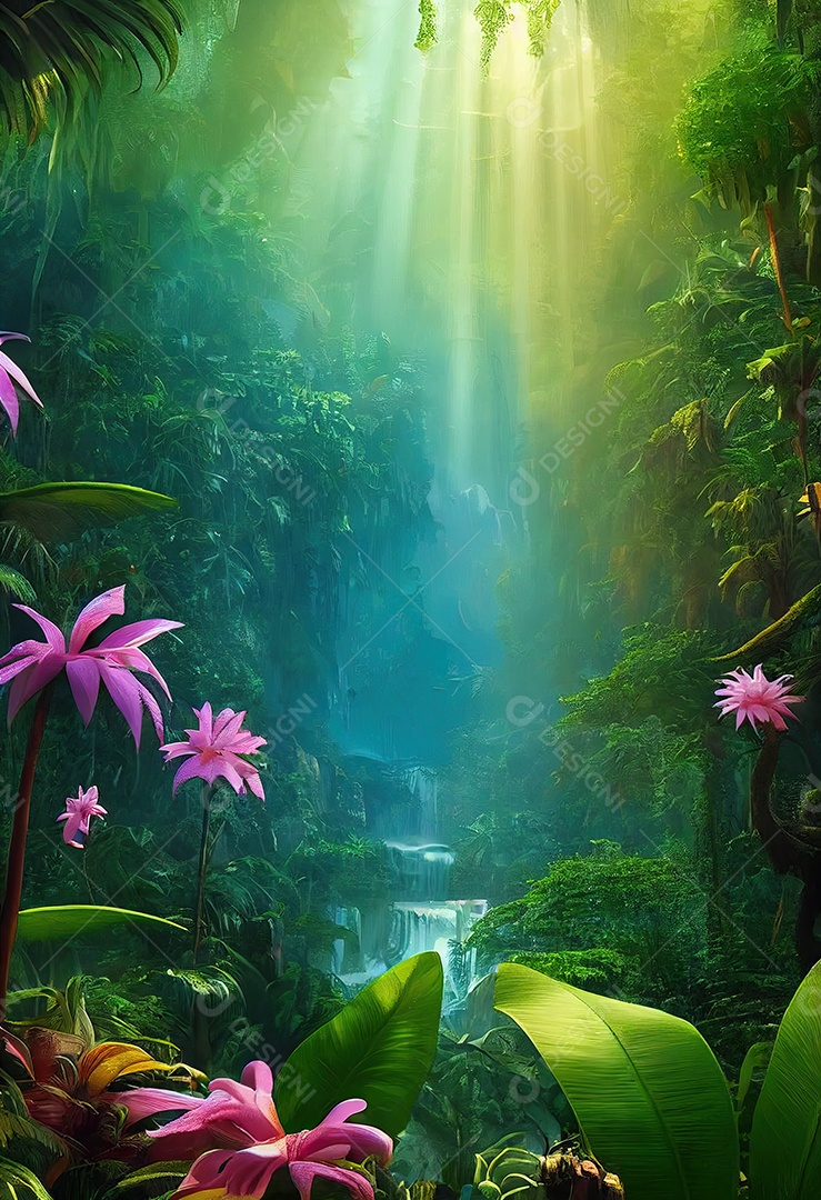 Uma bela floresta encantada de conto de fadas com grandes árvores e grande vegetação. Fundo de pintura digital.