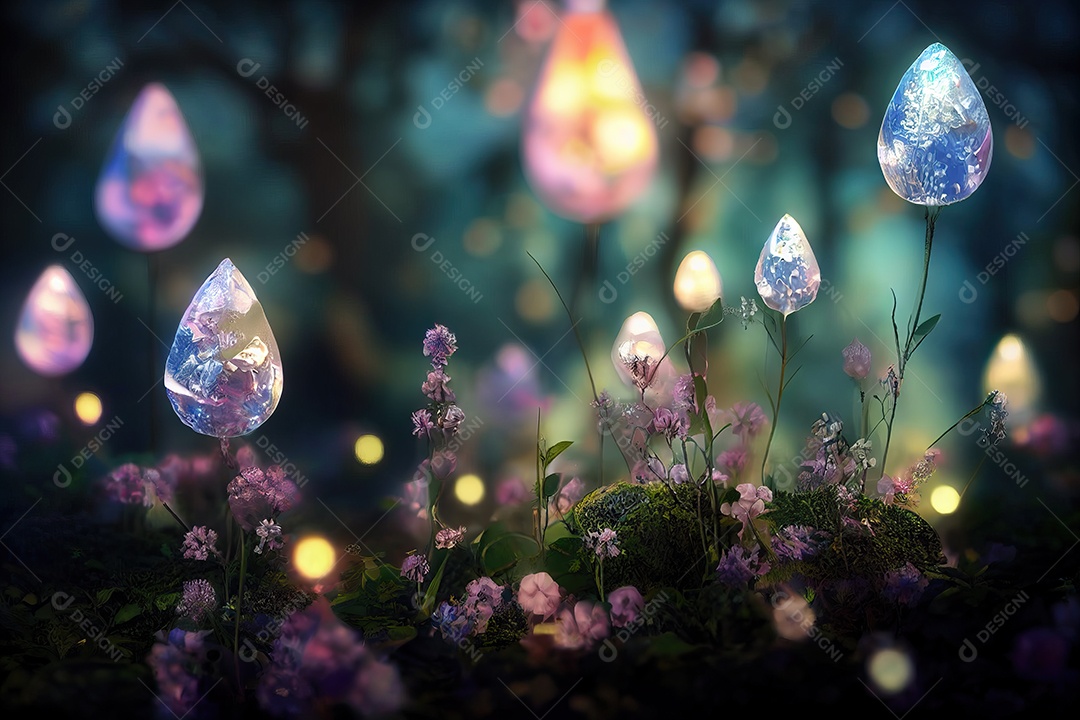 Uma bela floresta de cristal encantada de conto de fadas com grandes árvores e grande vegetação. Fundo de pintura digital.