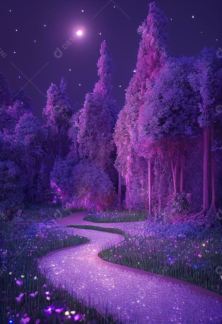 Uma linda floresta encantada de conto de fadas à noite com grandes árvores ao luar e vegetação rosa.