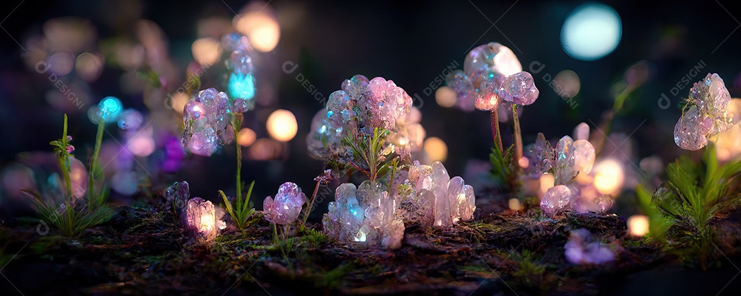 Uma linda floresta de cristal encantada de conto de fadas à noite com grandes árvores ao luar e vegetação rosa.