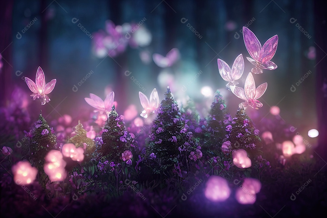 Uma bela floresta de cristal encantada de conto de fadas com grandes árvores e grande vegetação. Fundo de pintura digital.