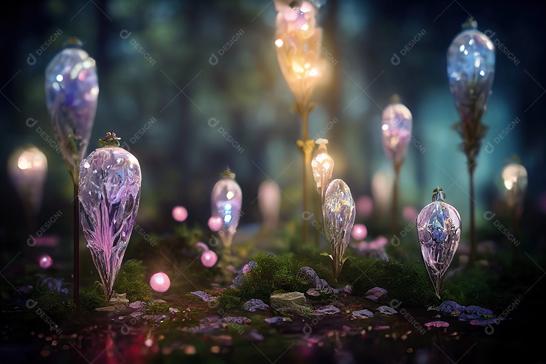 Uma linda floresta encantada de conto de fadas à noite com grandes árvores ao luar e vegetação rosa.