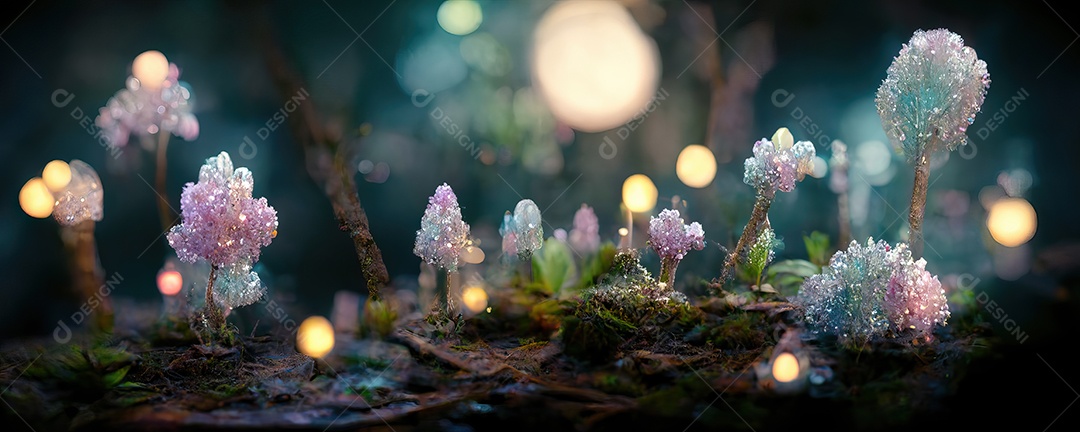 Uma bela floresta de cristal encantada de conto de fadas com grandes árvores e grande vegetação. Fundo de pintura digital.