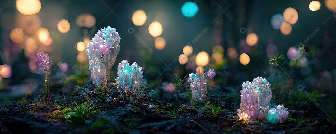 Uma bela floresta encantada de conto de fadas com grandes árvores e grande vegetação. Fundo de pintura digital.