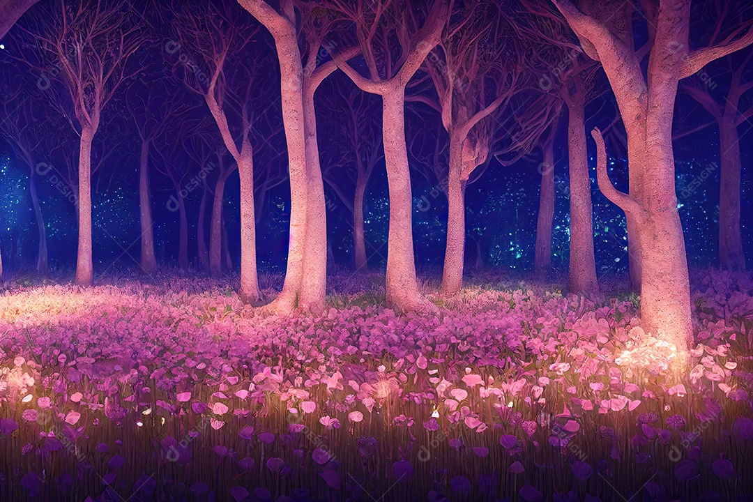Uma linda floresta encantada de conto de fadas à noite com grandes árvores ao luar e vegetação rosa.