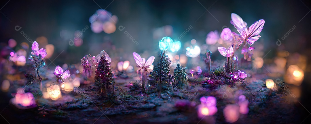 Uma bela floresta encantada de conto de fadas com grandes árvores e grande vegetação. Fundo de pintura digital.