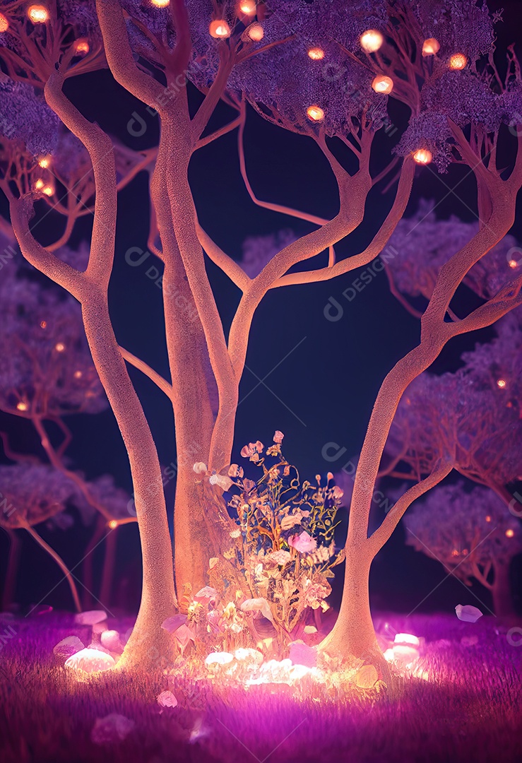 Uma bela floresta encantada de conto de fadas com grandes árvores e grande vegetação. Fundo de pintura digital.