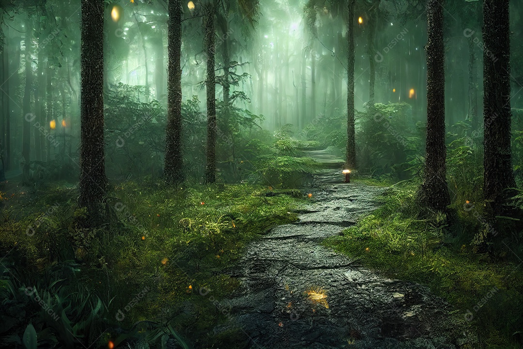 Uma bela floresta encantada de conto de fadas com grandes árvores e grande vegetação. Fundo de pintura digital.