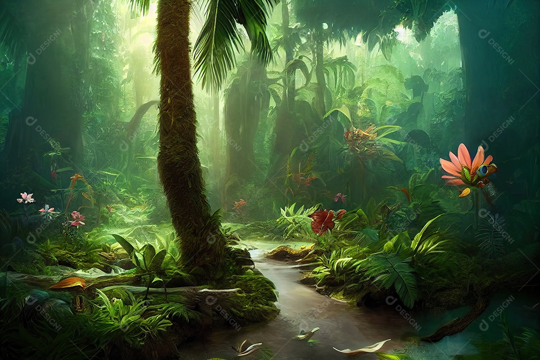 Uma bela floresta encantada de conto de fadas com grandes árvores e grande vegetação. Fundo de pintura digital.