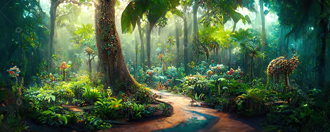 Uma bela floresta encantada de conto de fadas com grandes árvores e grande vegetação. Fundo de pintura digital.