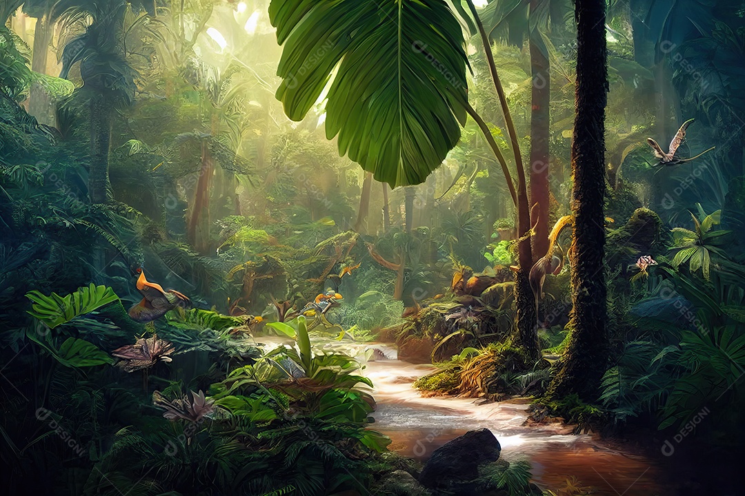 Uma bela floresta encantada de conto de fadas com grandes árvores e grande vegetação. Fundo de pintura digital.