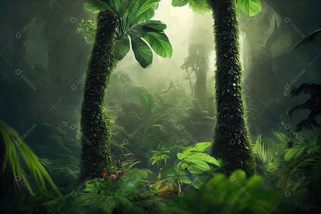 Uma bela floresta encantada de conto de fadas com grandes árvores e grande vegetação. Fundo de pintura digital.