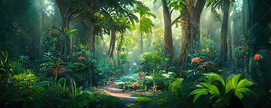 Uma bela floresta encantada de conto de fadas com grandes árvores e grande vegetação. Fundo de pintura digital.