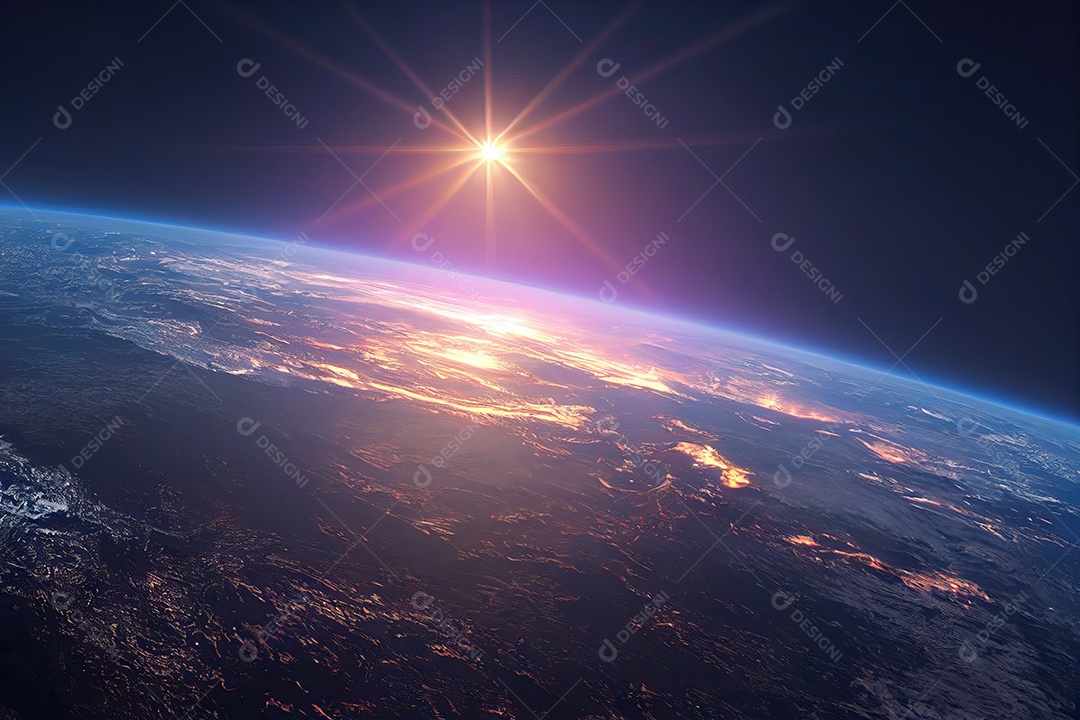 Atmosfera terrestre com observação por satélite do planeta Terra a partir do espaço, superfície do planeta com nuvens visíveis.