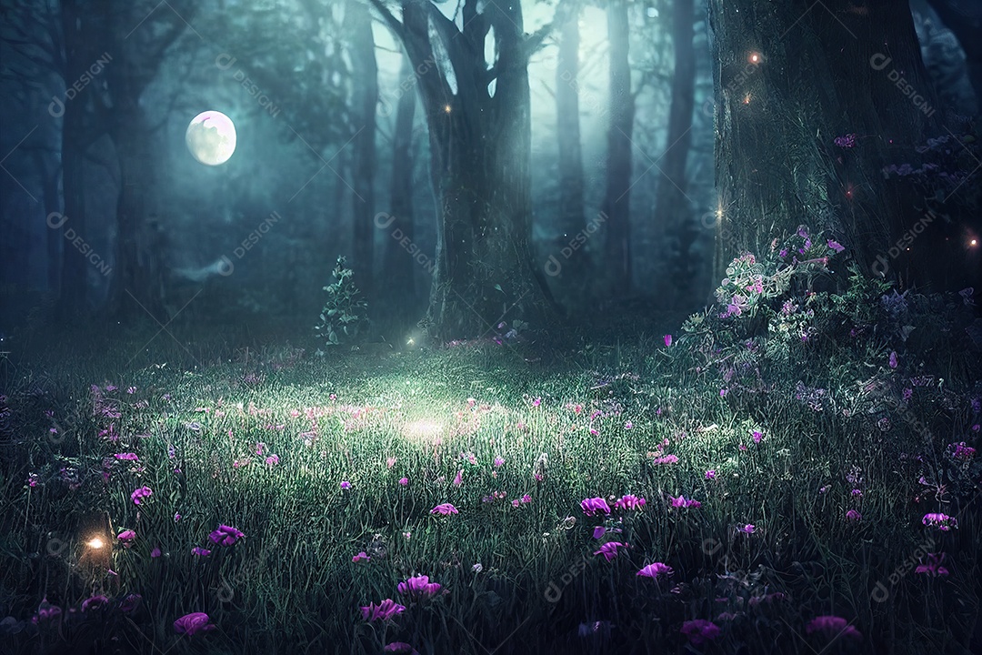 Uma linda floresta encantada de conto de fadas à noite com grandes árvores ao luar e vegetação rosa.