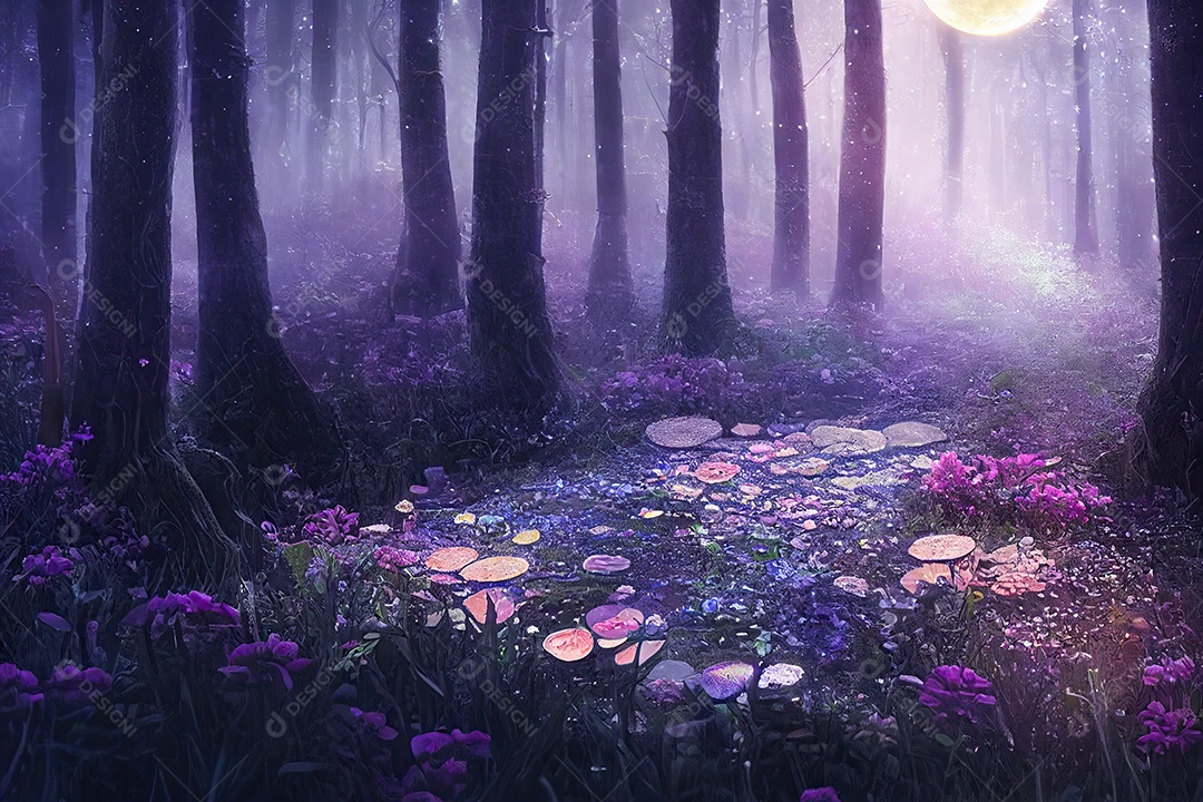 Uma linda floresta encantada de conto de fadas à noite com grandes árvores ao luar e vegetação rosa.