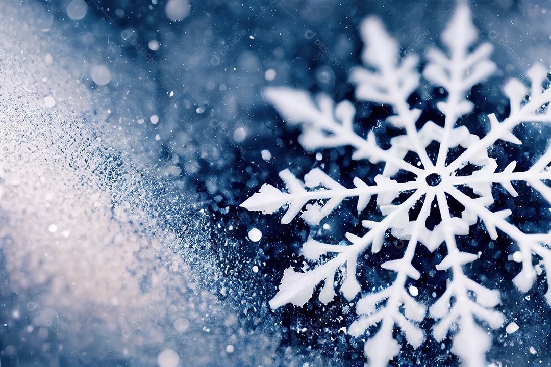 Lindo floco de neve isolado destacado com sombra no fundo azul escuro.