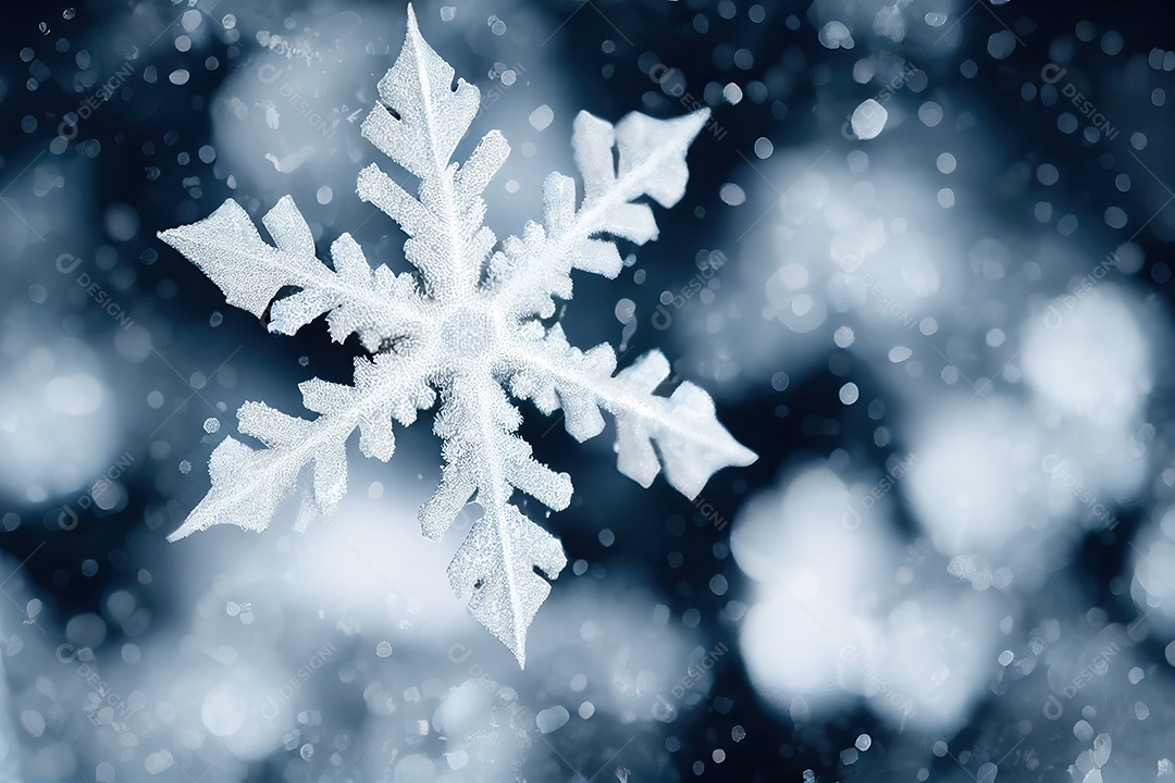 Lindo floco de neve isolado destacado com sombra no fundo azul escuro.