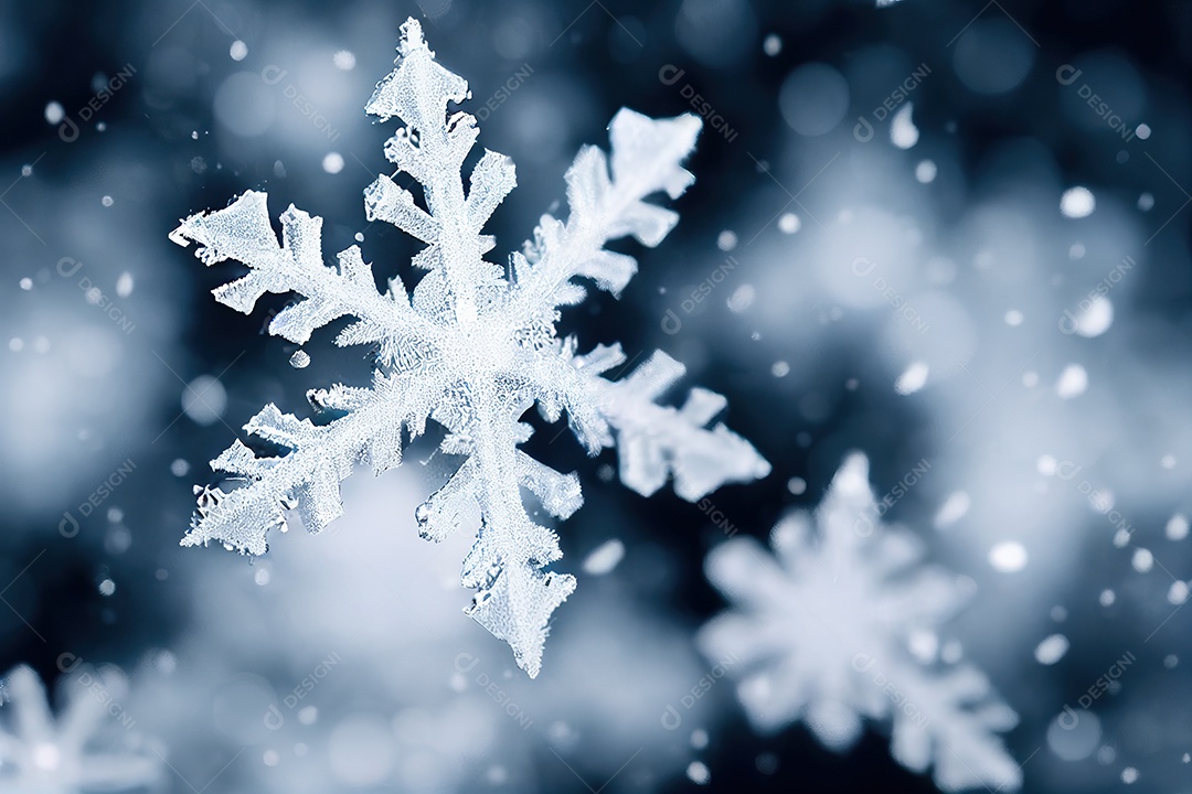 Lindo floco de neve isolado destacado com sombra no fundo azul escuro.